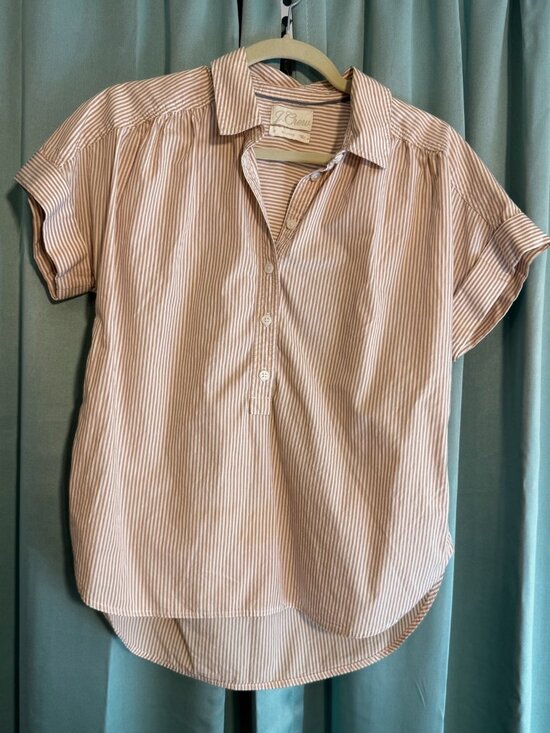 J. Crew Tops - J.Crew Striped Popover Shirt Small Brown White Relaxed Fit Short Sleeve